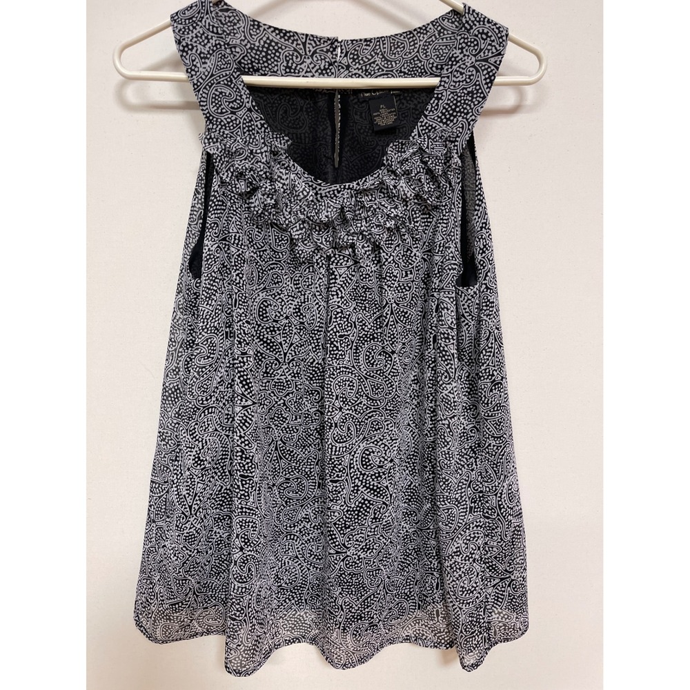 Nue Options Petites Black White Paisley Ruffle Neck Sleeveless Blouse PL G2U022B